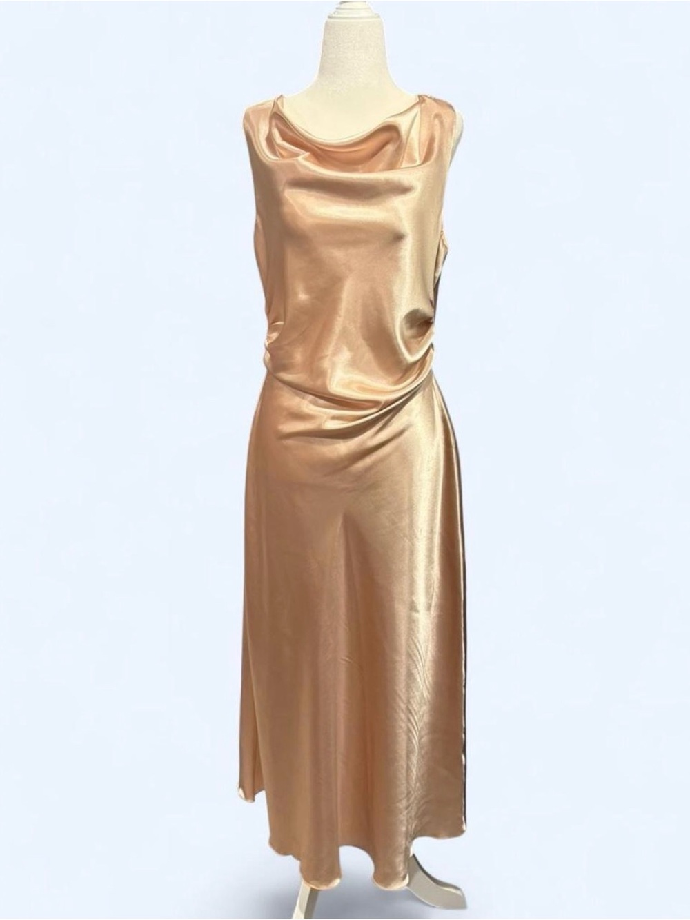 bebe Metallic Champagne Satin Cowl Maxi Dress